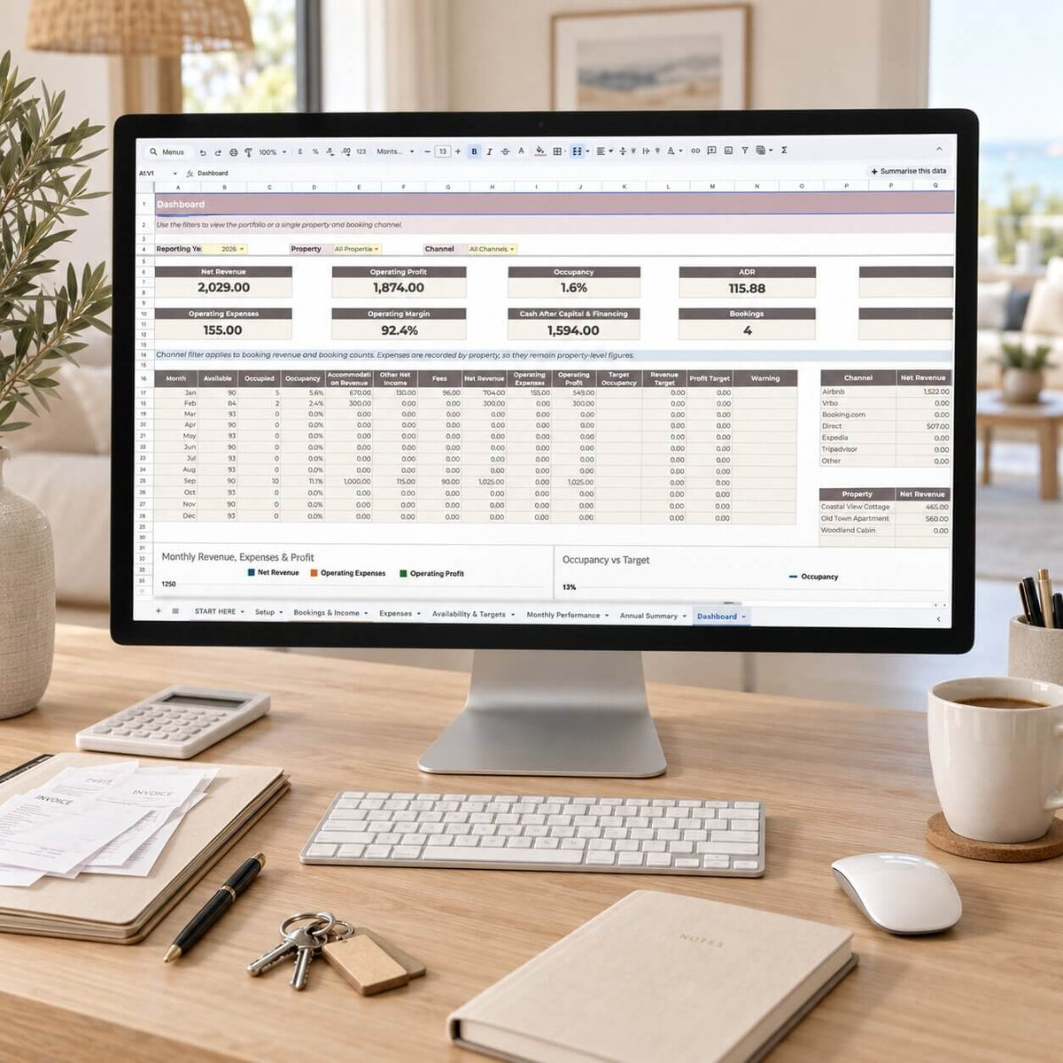 A desktop computer monitor on a wooden desk displaying a spreadsheet dashboard, surrounded by a keyboard, mouse, notebooks, coffee cup, and plant in a bright home office setting.
