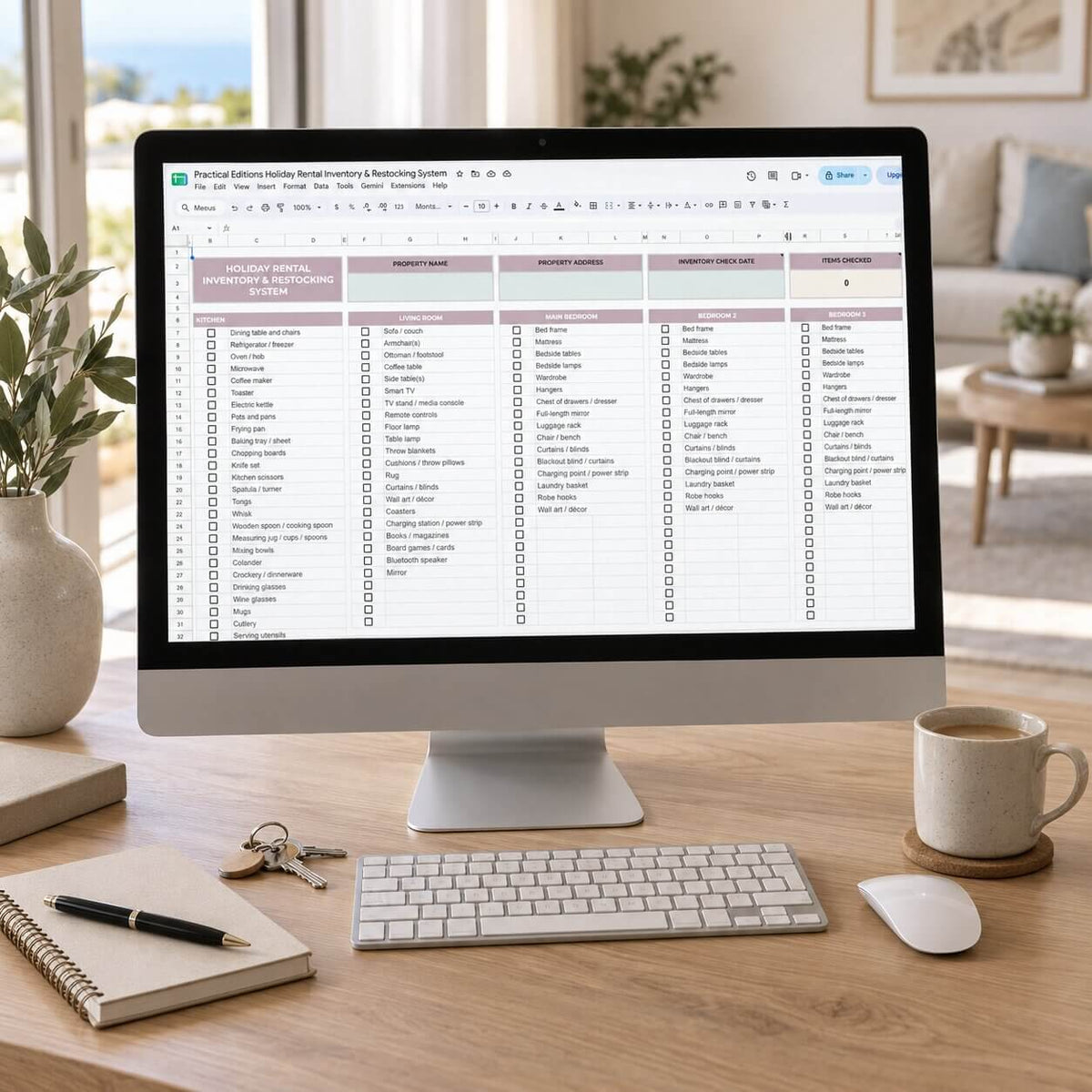 A desktop computer on a wooden desk displaying a digital spreadsheet template for holiday gift coordination. The scene is styled with a keyboard, mouse, notebook, pen, and coffee mug in a bright, modern living room background.