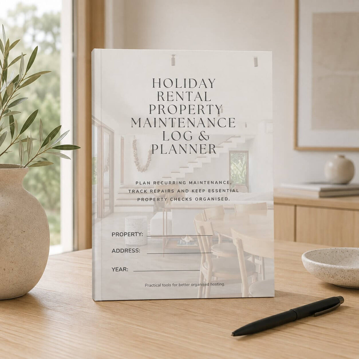 Holiday Rental Property Maintenance Log and Planner displayed in a bright holiday rental interior