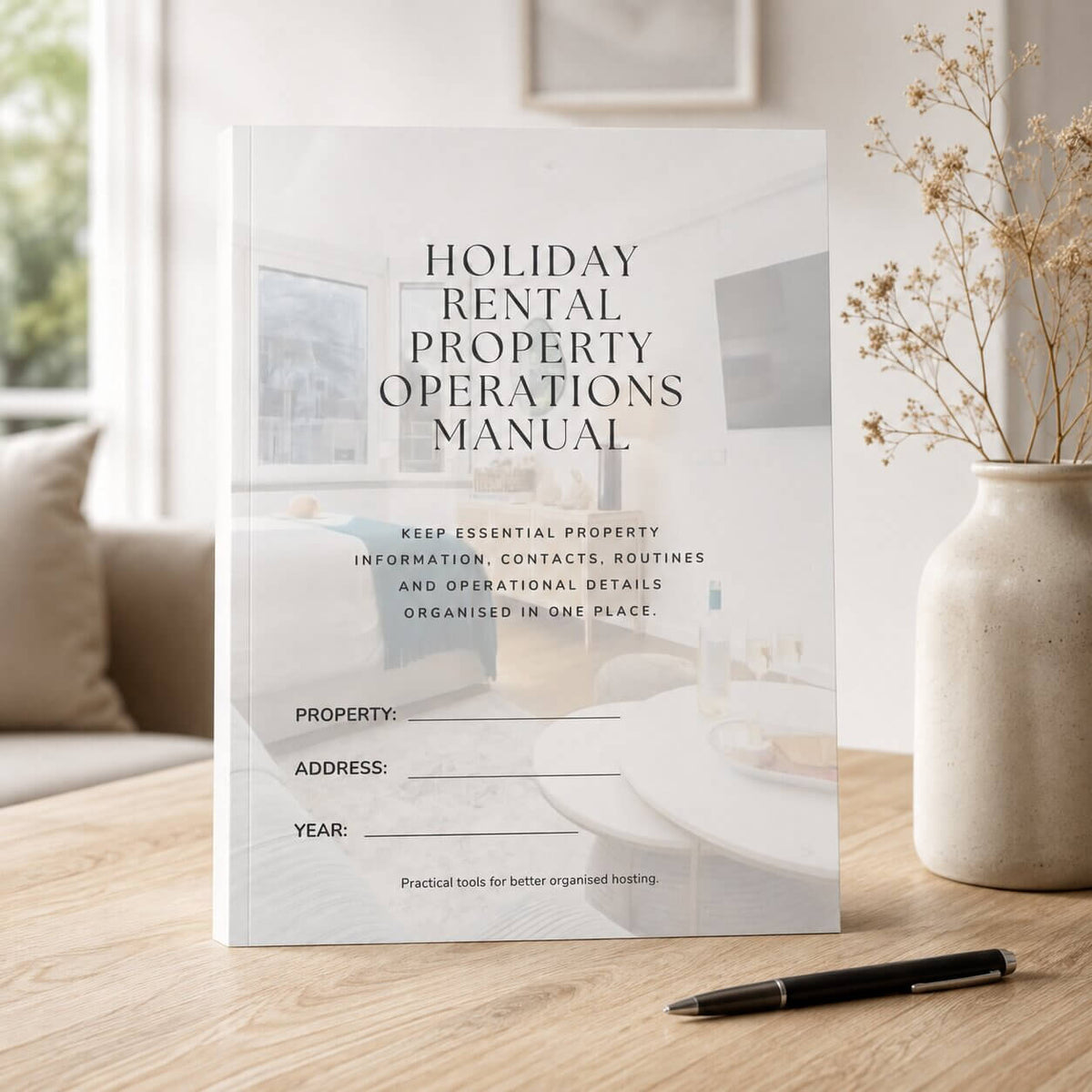 A hardcover manual titled 'Holiday Rental Property Operations Manual' standing on a wooden table in a bright, modern room. The cover features a soft, faded photo of a living room interior.