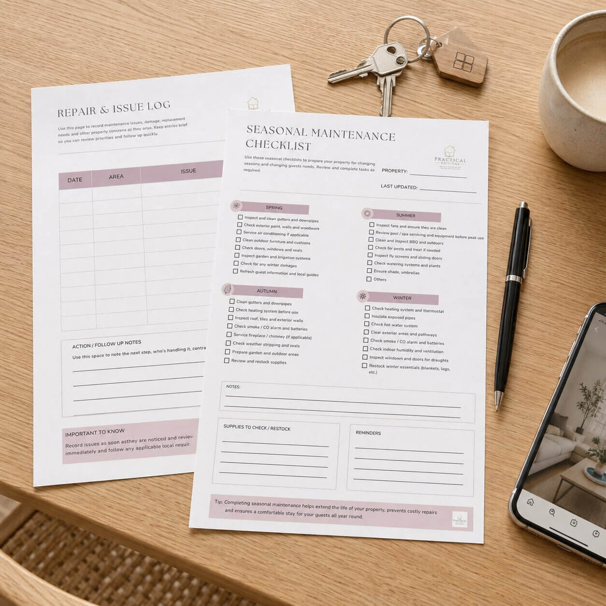 Repair and issue log displayed beside a seasonal maintenance checklist for a holiday rental
