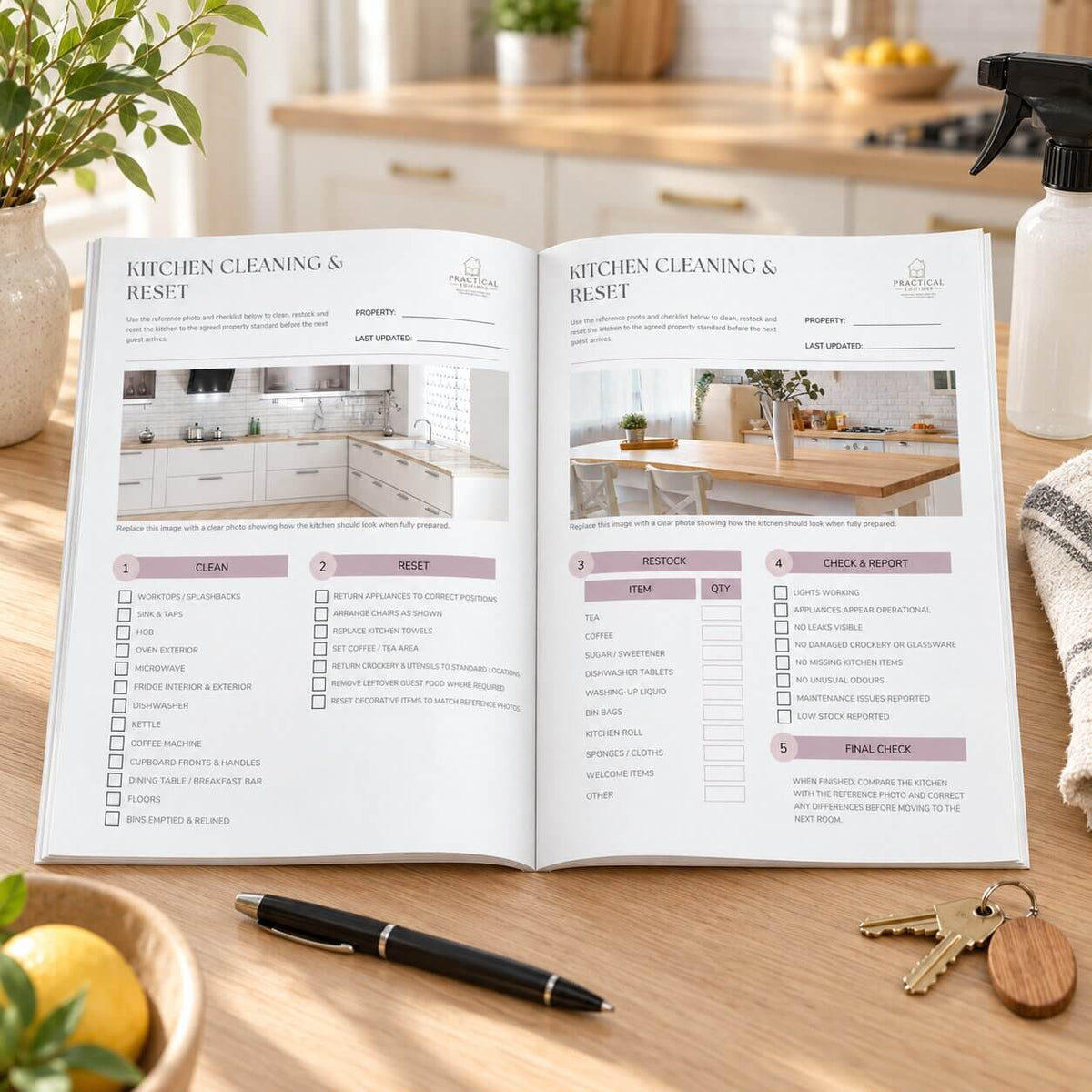 An open printed kitchen cleaning and reset checklist booklet lies on a wooden table in a real kitchen setting, with a spray bottle, plant, lemon, and keys nearby. The pages show a clean modern kitchen photo and checklist sections.