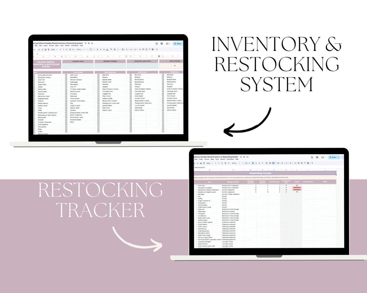 Digital product mockup showing two laptop screens with spreadsheet templates labeled 'INVENTORY & RESTOCKING SYSTEM' and 'RESTOCKING TRACKER' on a split white and dusty mauve background.