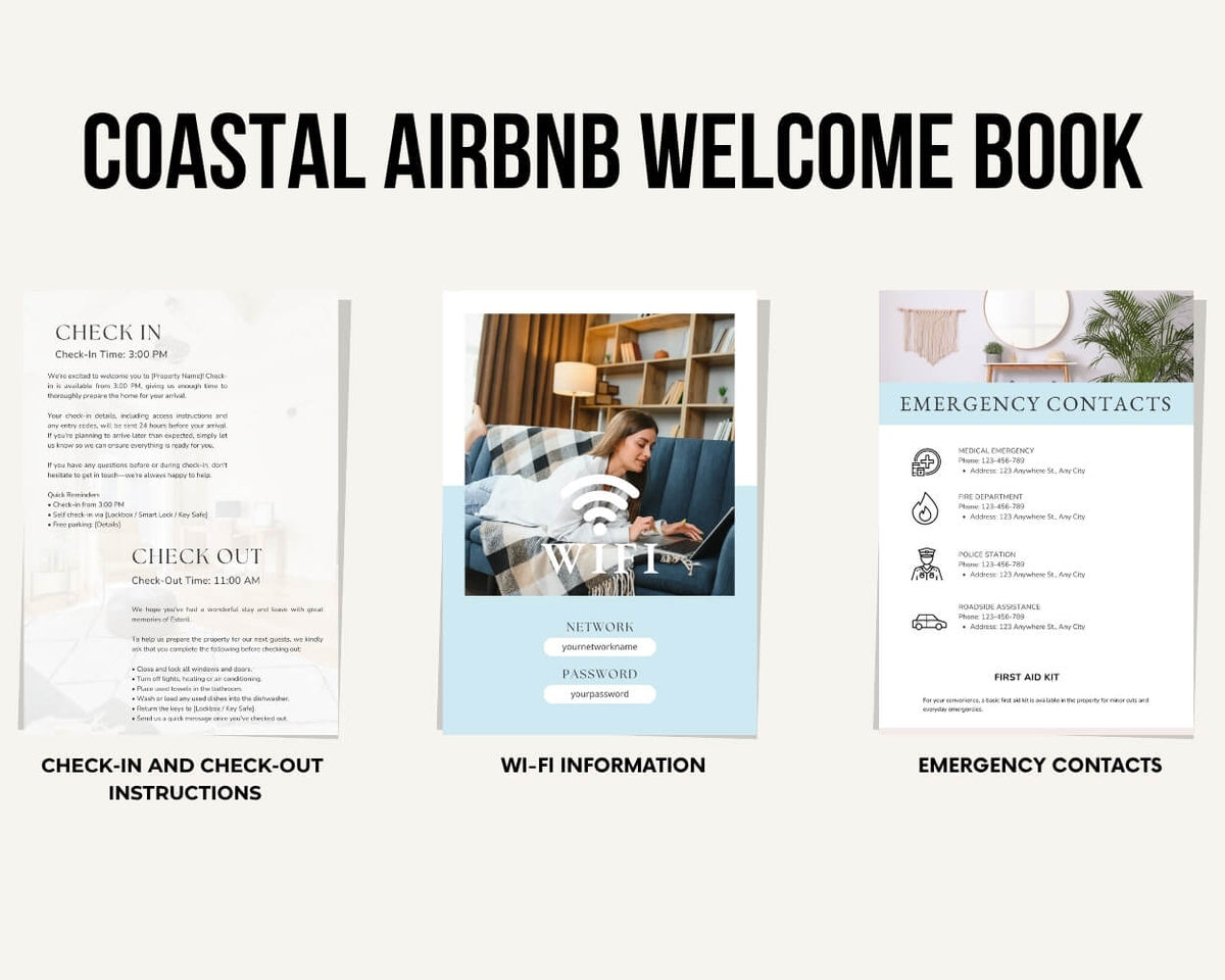 A promotional graphic for a Coastal Airbnb Welcome Book template, showing three printed page designs on a light beige background: a check-in/check-out instructions page, a welcome Wi-Fi information page with a photo of a woman in bed, and an emergency contacts page.