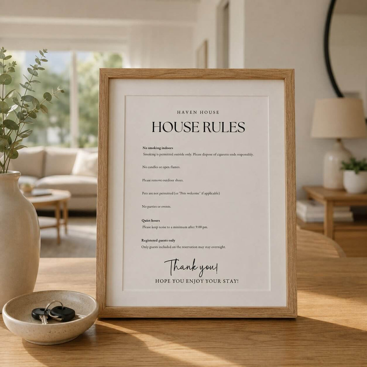 A framed house rules sign with elegant typography, displayed in a light oak wood frame on a wooden table in a beautifully styled living room setting.