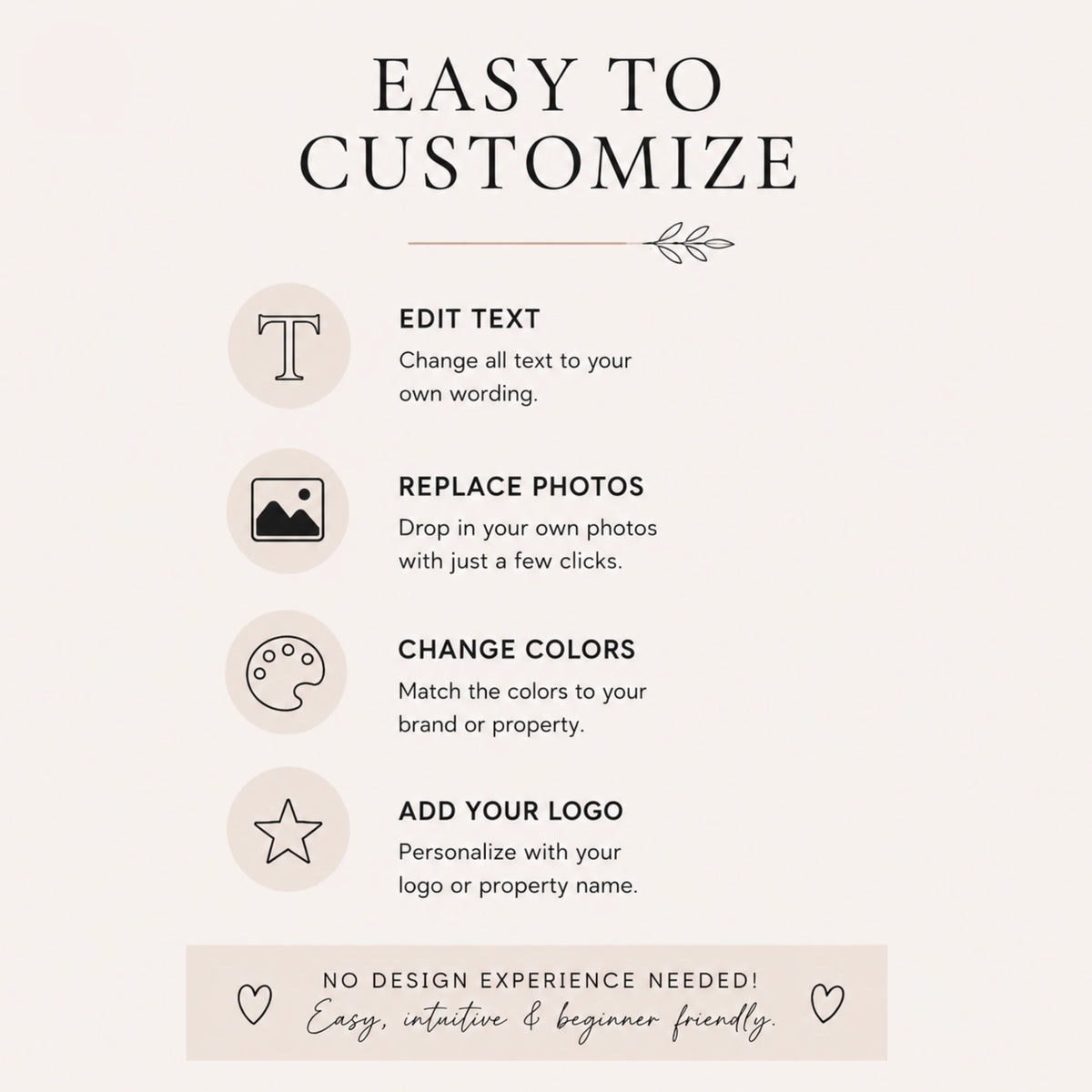 A promotional graphic with the heading 'EASY TO CUSTOMIZE' on a light warm beige background. Below, five feature callouts with icons read: edit text, replace photos, change colors, add your logo, and no design experience is needed.