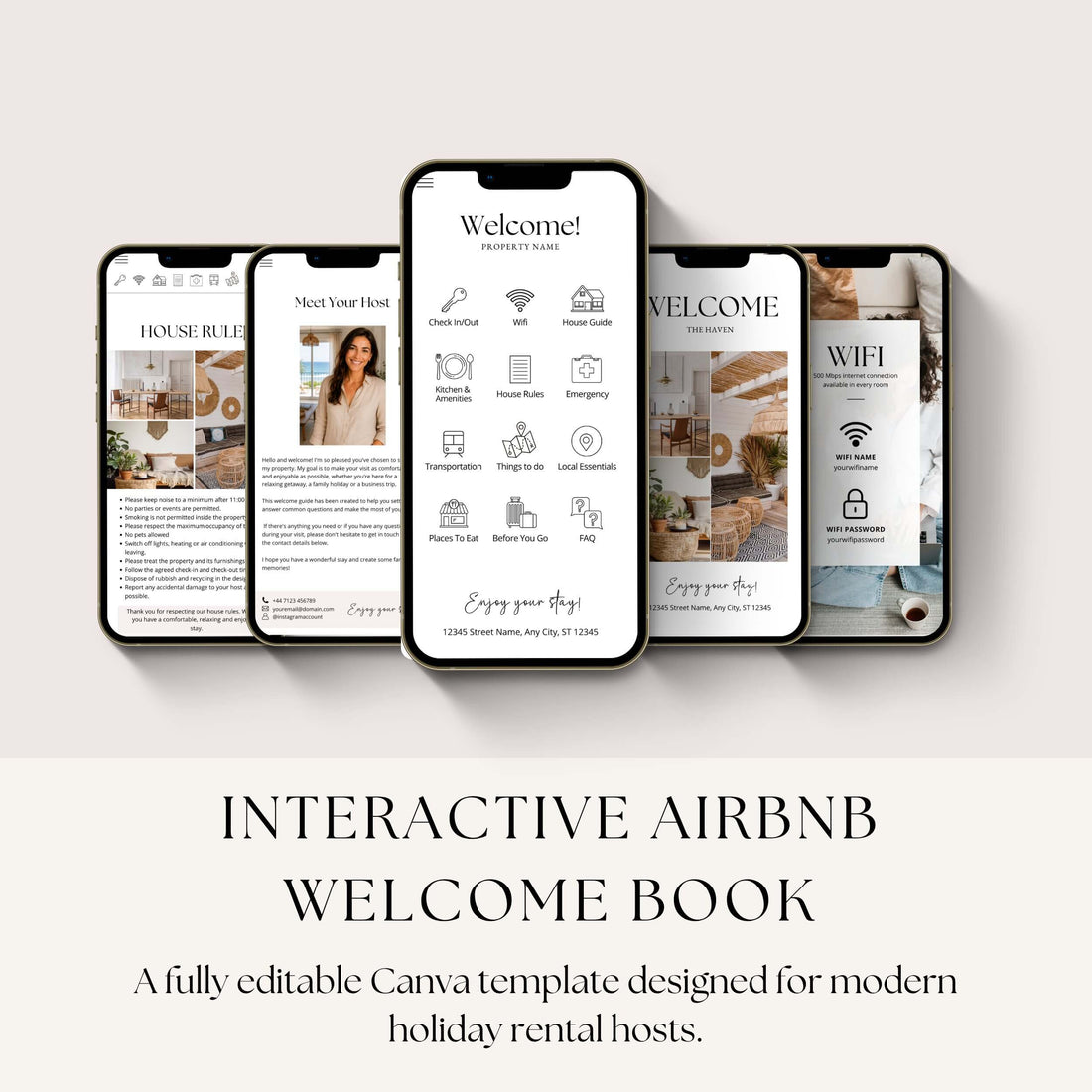 Interactive Airbnb Welcome Book Canva template for holiday rentals with mobile-friendly navigation and editable pages.