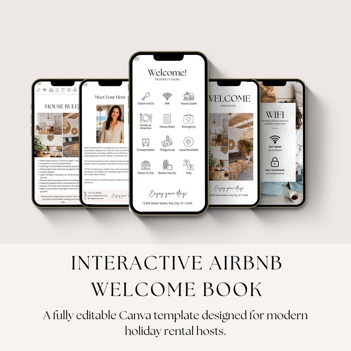 Interactive Airbnb Welcome Book Canva template for holiday rentals with mobile-friendly navigation and editable pages.