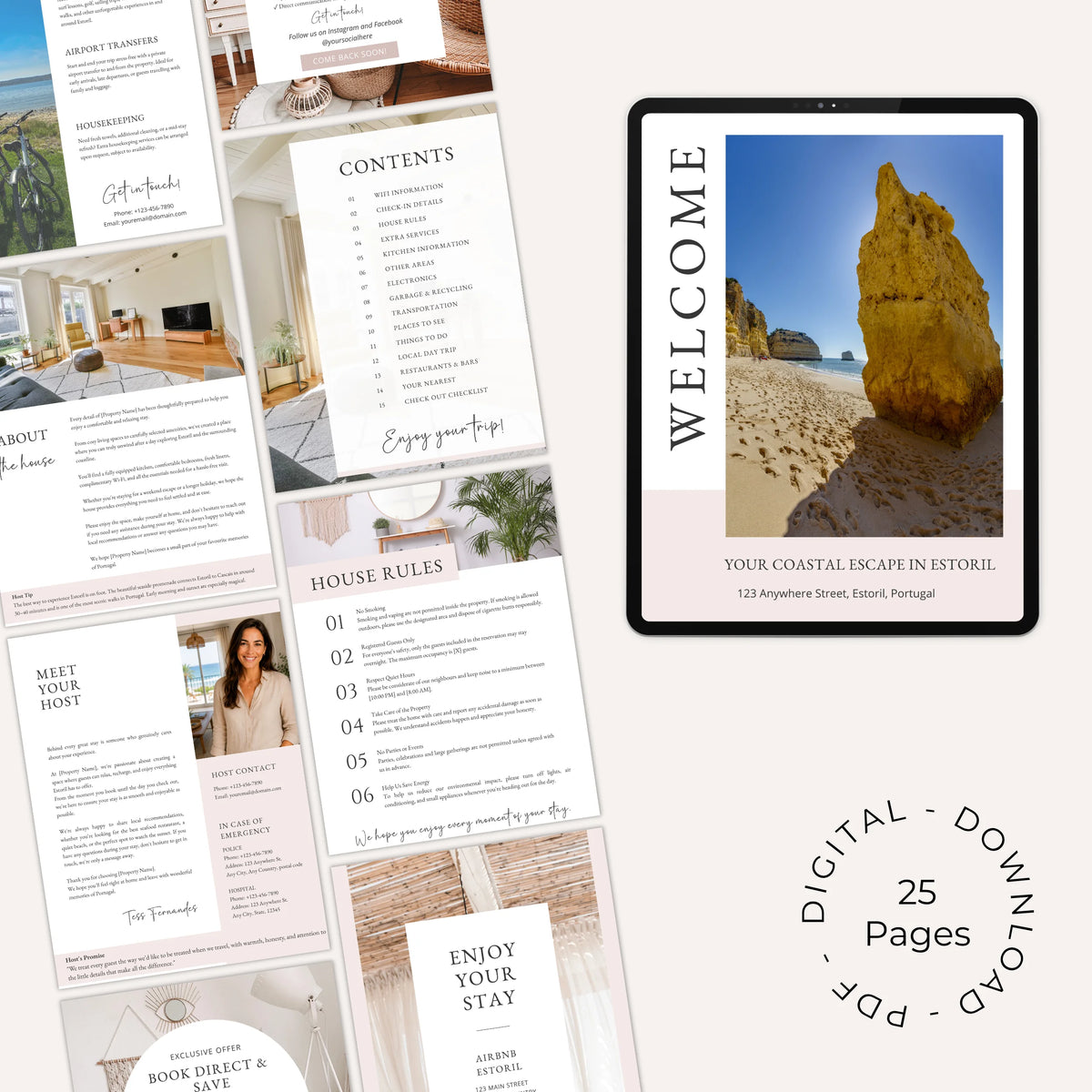 A collage of digital printable house manual pages shown on a tablet screen and as overlapping mockups.
