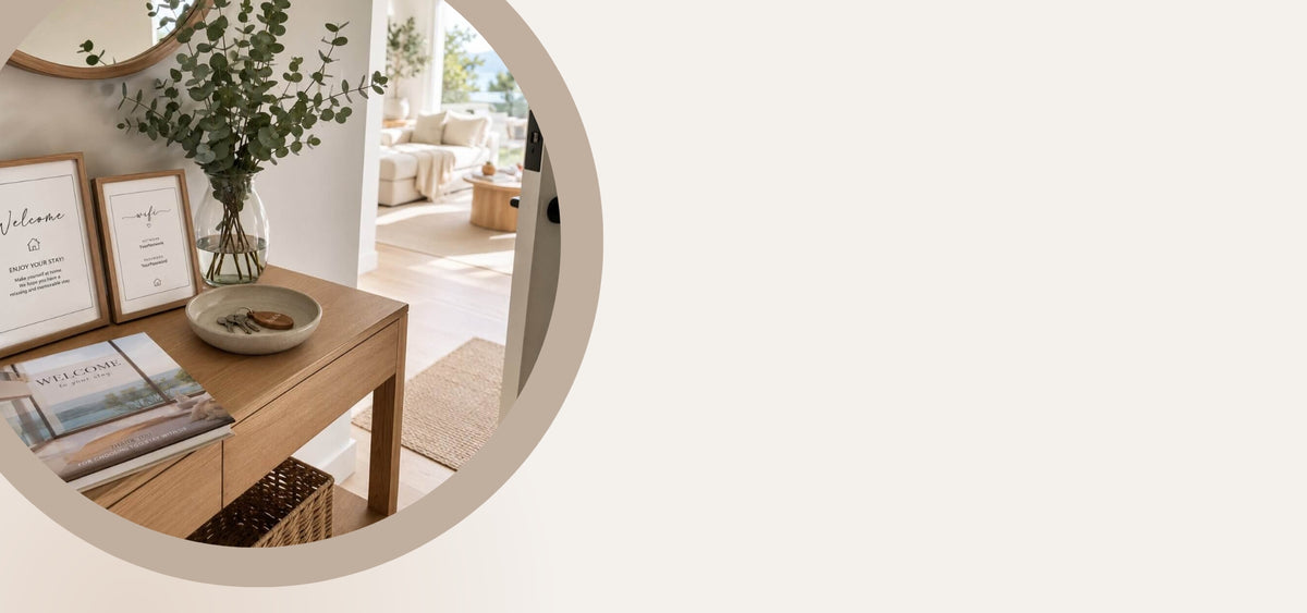 A three-panel collage showcasing home decor products in a modern, sunlit interior. The left panel shows a round gold-framed mirror above a wooden console table with a book.1621243260e1af0c20-0
