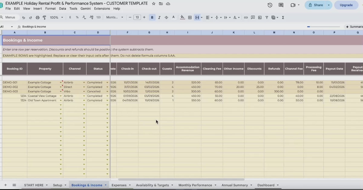 holiday rental profit and performance system in google sheets