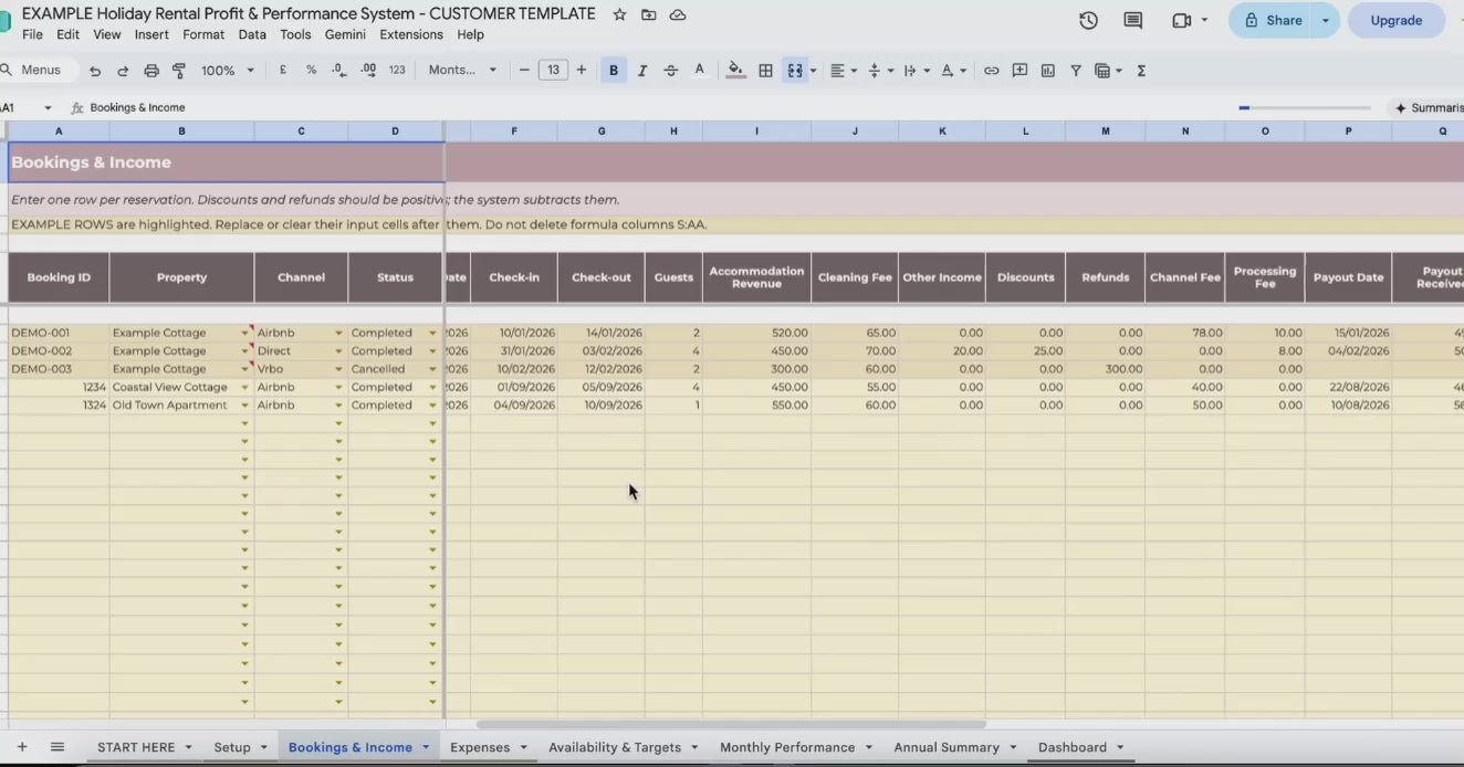 holiday rental profit and performance system in google sheets