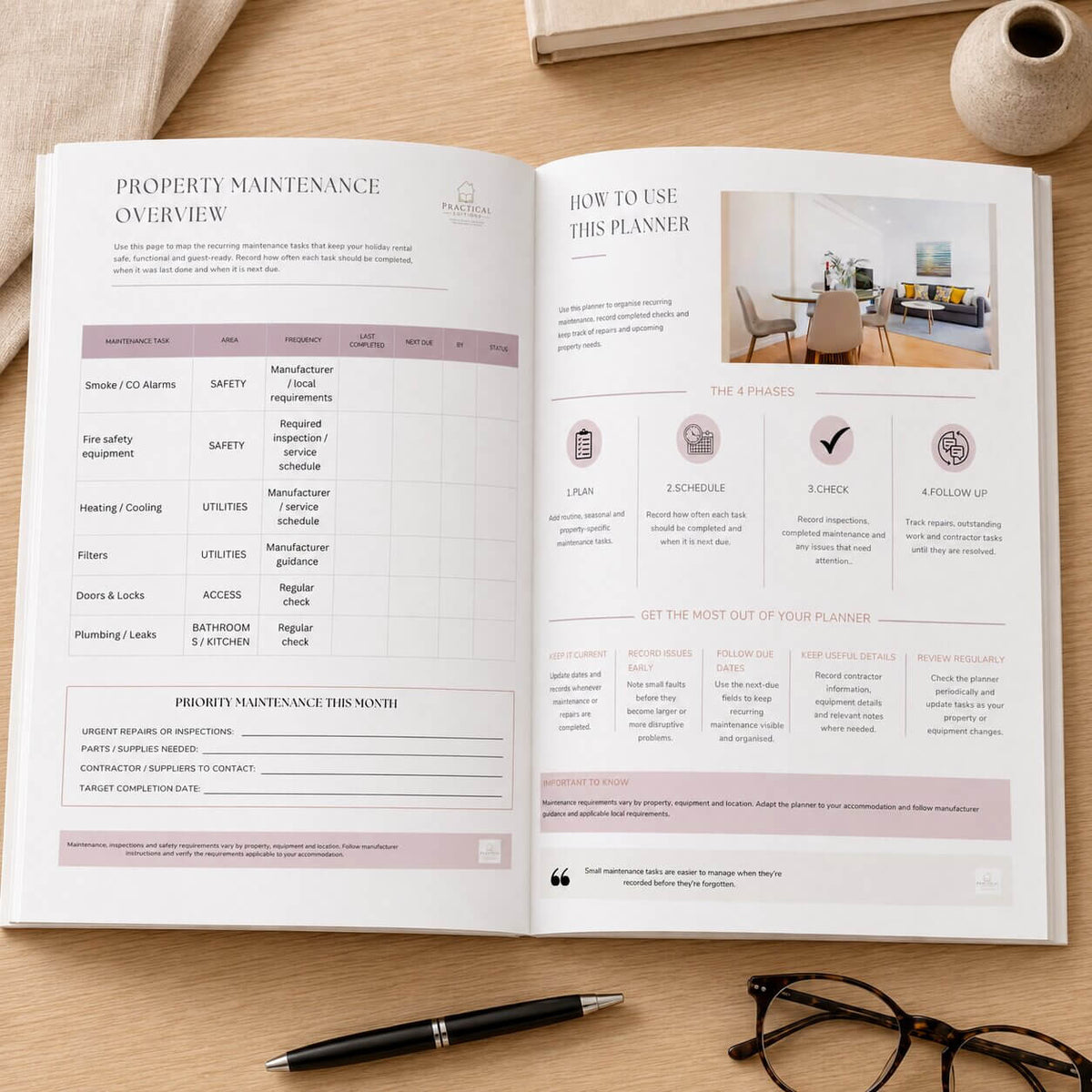 Open holiday rental maintenance planner showing the property maintenance overview and instructions
