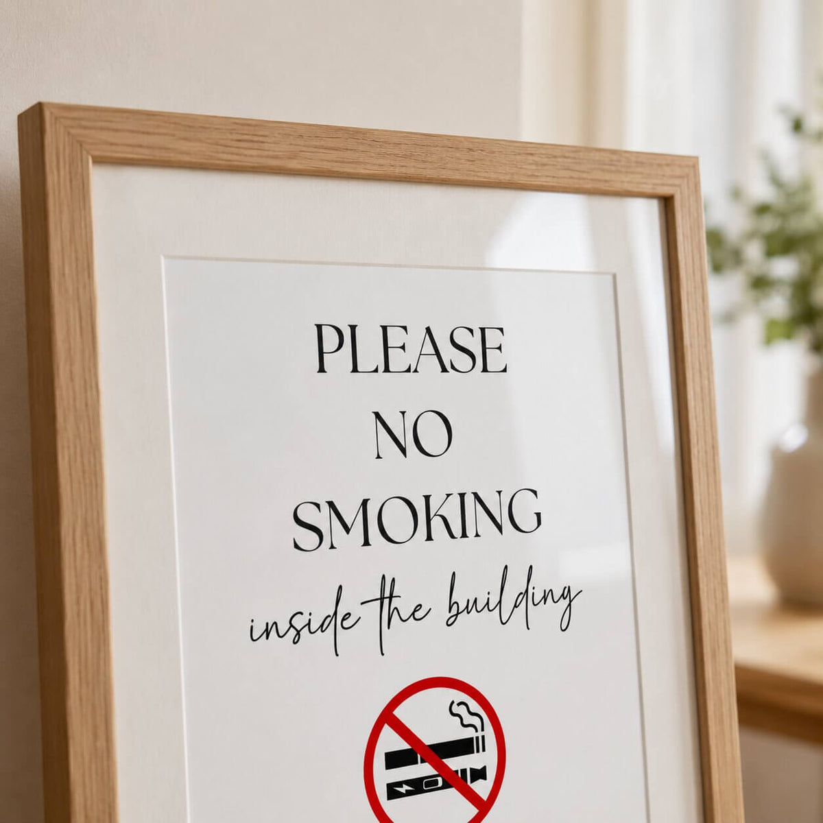 Close-up of a framed printable no-smoking sign for a holiday rental property