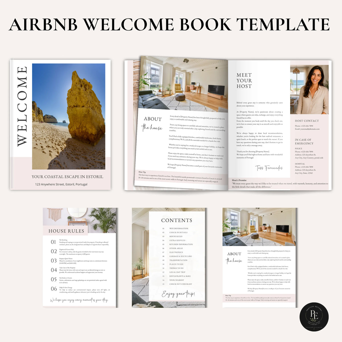 A digital template preview for an Airbnb welcome book, showing multiple interior page layouts with beach and room photos, text sections like Welcome, About the Host, House Rules, and Contents, on a light beige background.