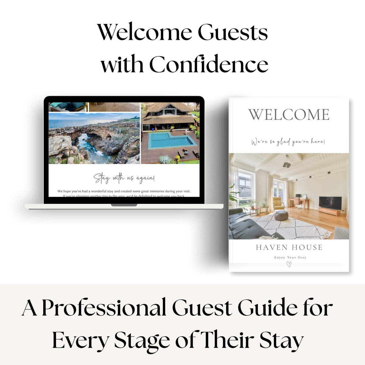 Promotional graphic for a hotel or resort welcome guest guide, showing a laptop with a scenic welcome screen and a printed booklet cover reading 'WELCOME Haven House' on a white background with text above and below.