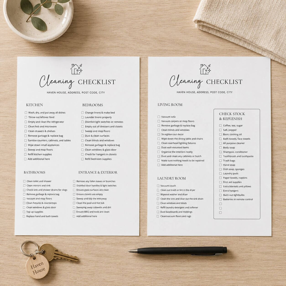 Airbnb cleaning checklist displayed in a oak table