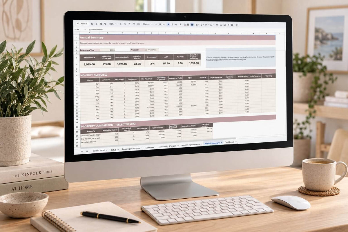 A desktop computer monitor on a wooden desk displaying a spreadsheet template, surrounded by a keyboard, mouse, notebook, pen, and a coffee cup in a bright, modern home office setting.